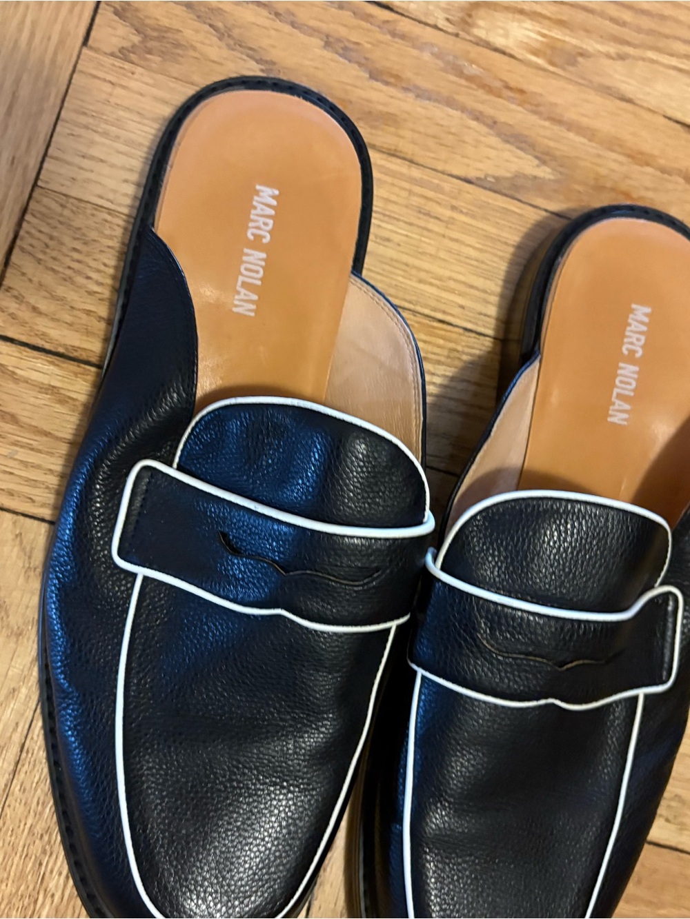 Marc Nolan Black Leather Slip-On Loafers with White Piping